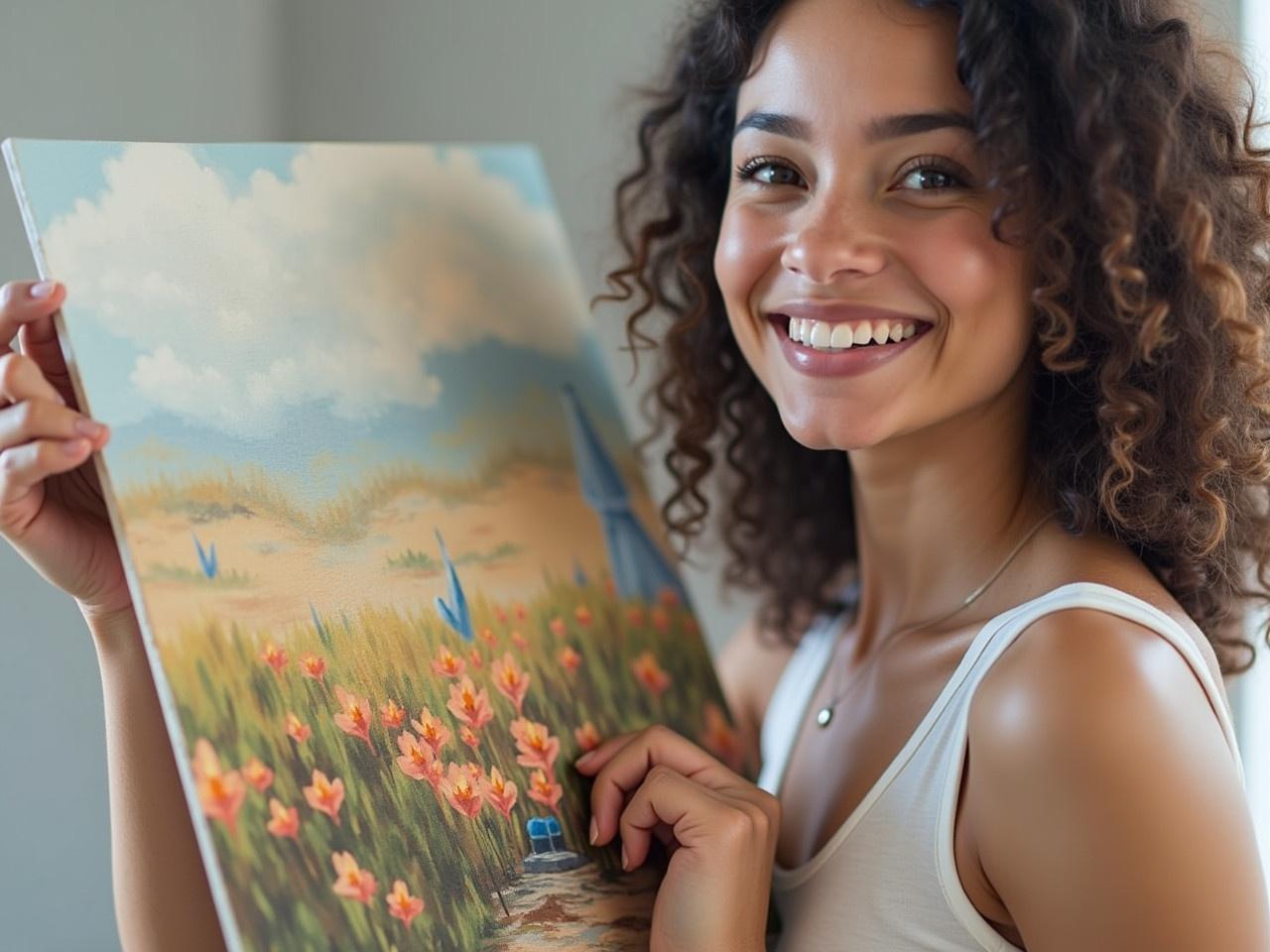 Person presents a vibrant landscape painting. Warm colors adorn the canvas. Smiling expression conveys joy. Arm and hand are prominently displayed holding the artwork.