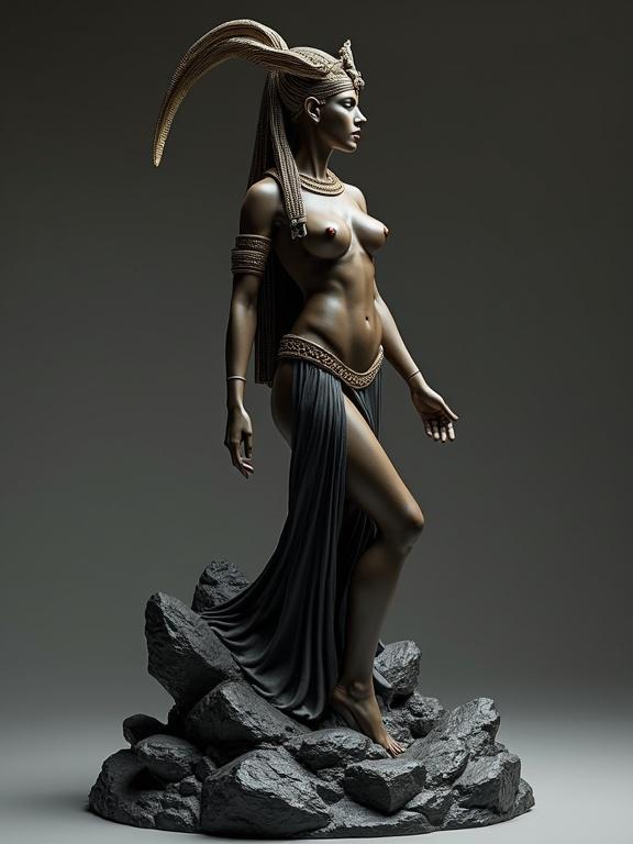 Disney 3D erotic sculpture of an Egyptian god posing nude on a black lava base.