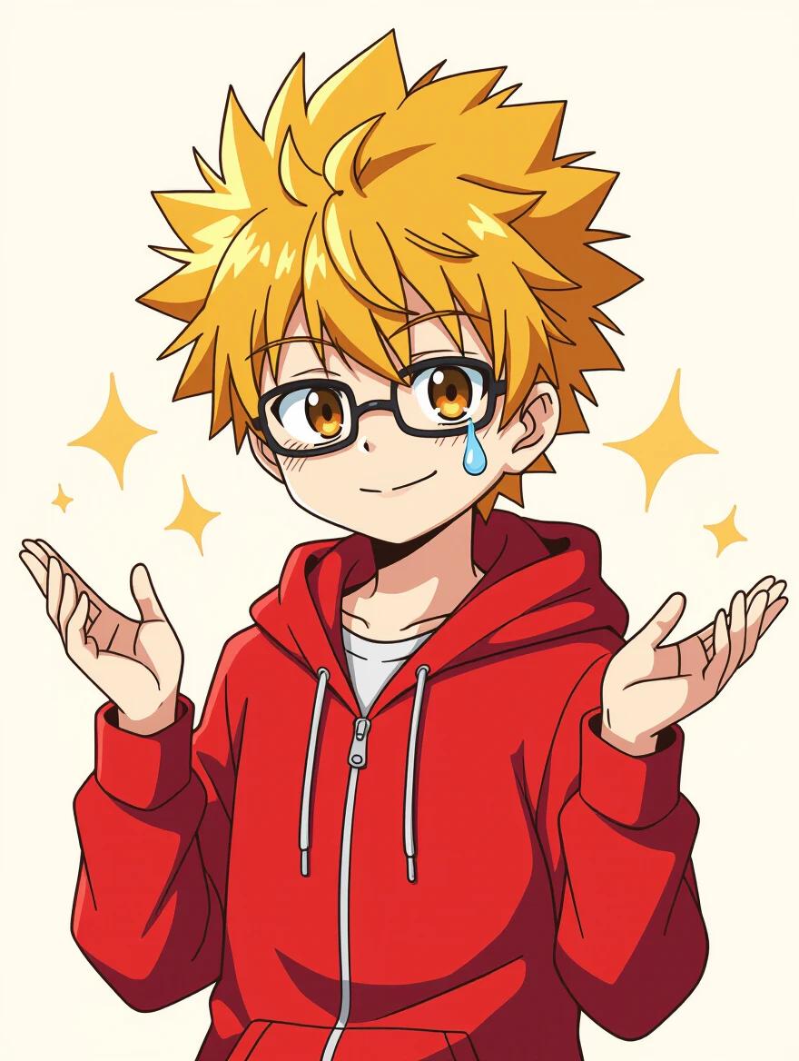 Spiky-haired anime boy in a red zip-up hoodie. Character has light skin and amber eyes. Boy has a crooked smile and one eyebrow raised. Hands are half-raised in a questioning stance. Background is light and cartoonish. Anime comedy style with cel-shaded rendering.