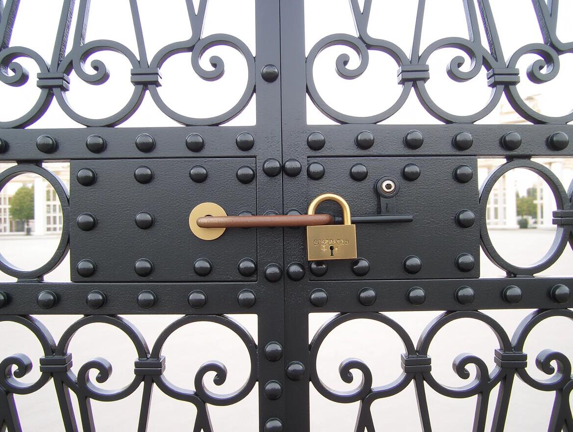 Metal gate features cylindrical fittings and pins. Unusual lock is in the middle. Camera view is straight ahead. Gate design is from the 1880s.