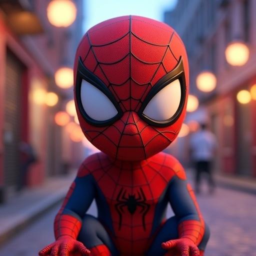 Spider-Man character depicted in a cute and expressive manner. Animated in Pixar movie style. Colorful and detailed. Cinematic lighting enhances the scene.