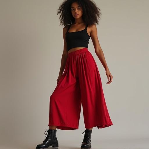 Full body of a young woman styled in red and black fashion. She displays trendy shoes. The outfit includes a black crop top and red wide-legged pants. Hair is curly and black. The pose is confident and stylish.