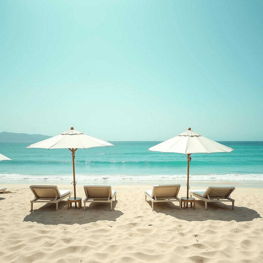 Two sun loungers with white umbrellas on a sandy beach, facing a tranquil turquoise sea under a clear blue sky.