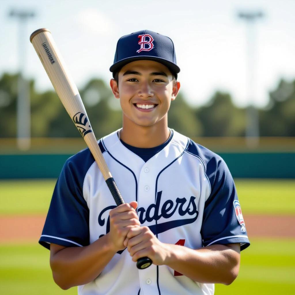 A young man in a baseball uniform stands outdoors on a sports field. Background features green grass and a blurred distance. He wears a dark blue baseball cap and grips a baseball bat with both hands while looking intently at the camera. The scene radiates youthful energy and sports enthusiasm, set under bright sunshine that conveys warmth and hope.