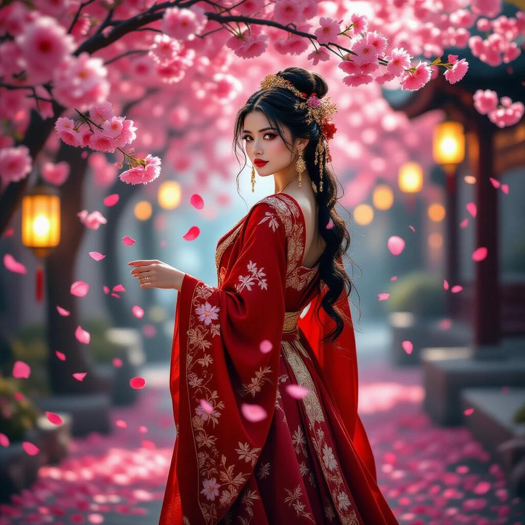 Figure stands elegantly in vivid pink blossoms. Robe is embellished in deep red and gold. She gazes over her shoulder. Hair has ornamental accessories. Background features glowing lanterns and shadows. Captures beauty and intrigue.