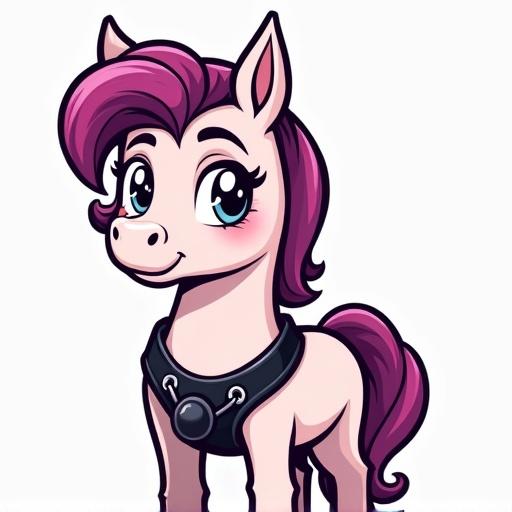 Stylized cartoon pony mascot stands confidently. Wearing black leather harness. Features playful expressive eyes. Colorful pink or purple mane. Designed in clean vector art style. Suitable for logo or t-shirt printing. Minimal background keeps focus on subject. Crisp outlines and simplified shading enhance appeal.