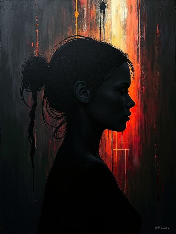 Digital oil painting on a black canvas. Harsh strokes create an abstract silhouette. Unfinished design includes formless color voids. Shadows blend with cubist elements in minimalist style.