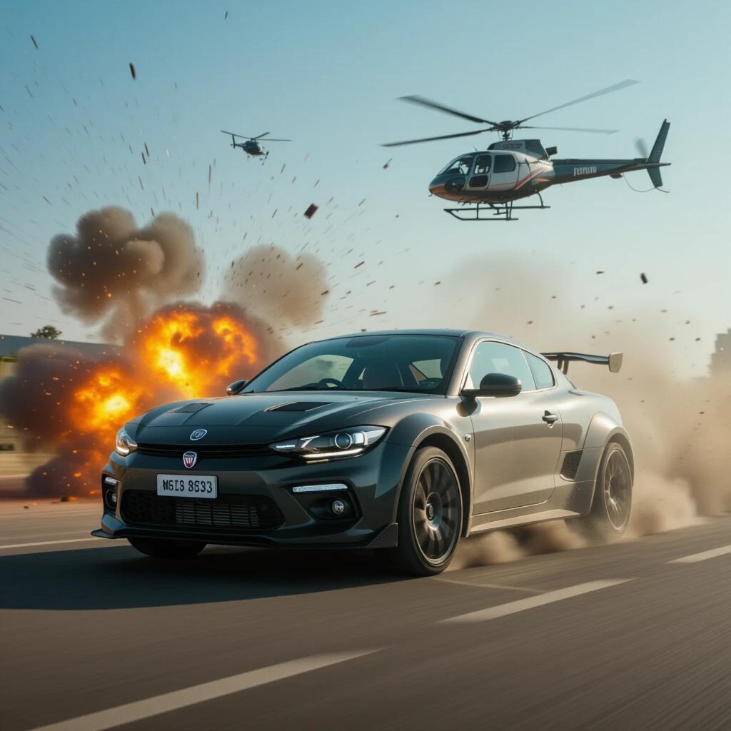 Bollywood action movie scene features a supercar in motion. Background includes explosions and a helicopter. Scene emphasizes dynamic energy and excitement. Cinematic style highlights thrills.