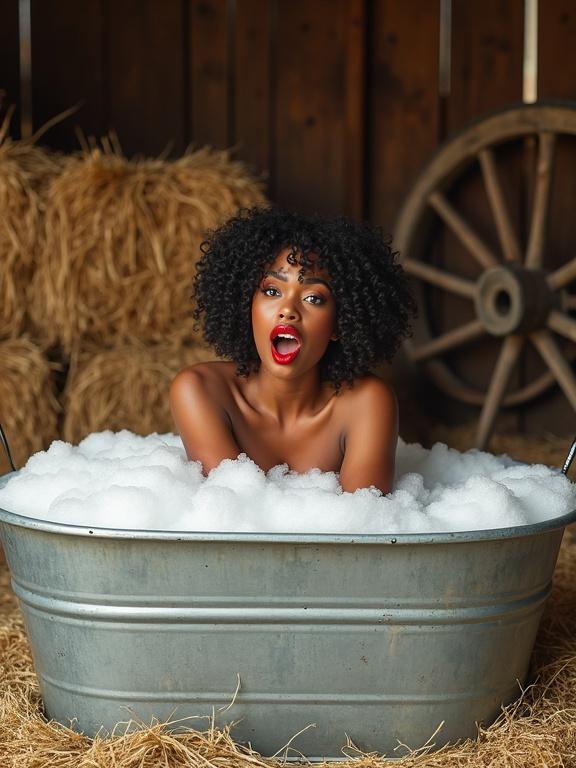 A vintage pin-up style black woman poses in a galvanized metal bathtub. Classic curly hairstyle and bright red lipstick. Playful expression with white foam overflowing. Rustic barn background with hay bales and a wooden wagon wheel. Warm lighting accentuates textures.