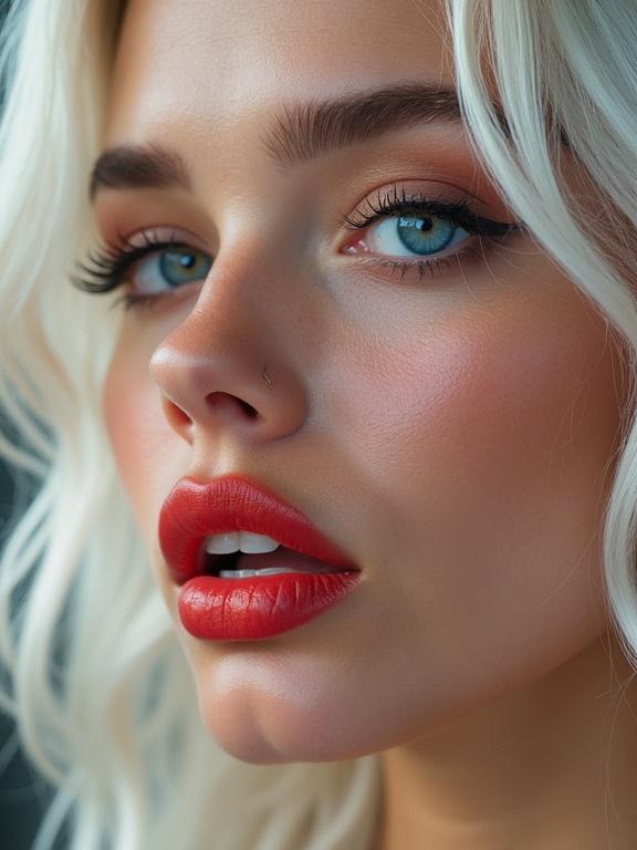 Close-up of a beautiful woman with white hair and large blue eyes. She has long eyelashes and full red lips. Mouth is open with tongue out while pointing at her lips with a finger.