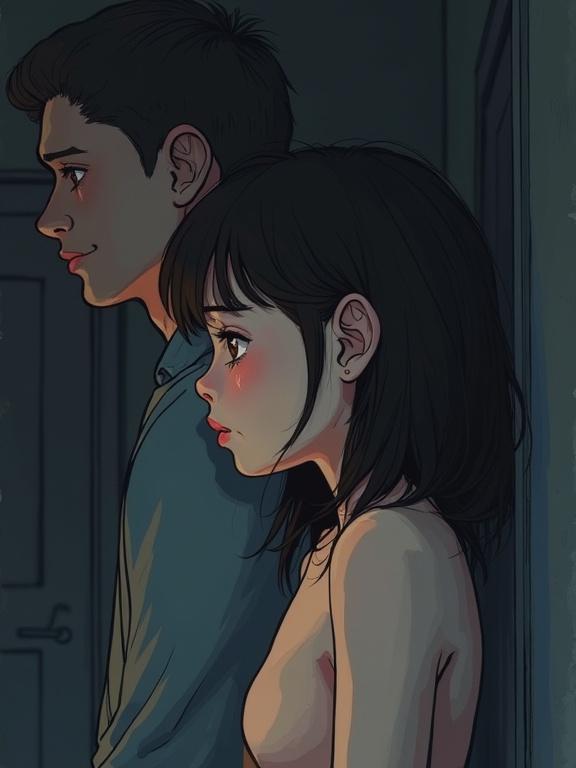 Realistic colored pen drawing showing a scared high school girl and a man in a dark bedroom. The girl is barechested, tearful, and has hands on her sides. The scene conveys emotional tension.
