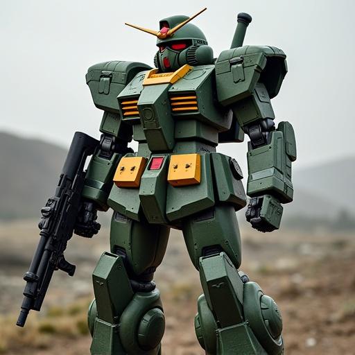 A detailed image of a Zaku mobile suit. The robot is standing in a barren landscape. It has a green armored exterior. The suit holds a weapon. It features realistic textures and colors. The background shows a blurred mountainous terrain with soft natural light.