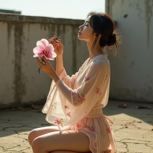 A Korean woman in silk robes with cherry blossoms kneels on a cracked rooftop. She holds a dying orchid, looking upward with closed eyes and lips parted. A tear glistens on her cheek. The scene has an air of beauty and melancholy. Dust dances in the sunlight, emphasizing the abandoned setting.