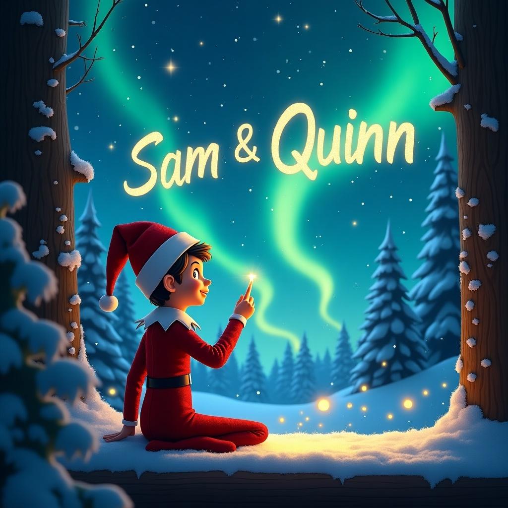 An enchanting scene featuring an elf character in a red outfit and hat, sitting on a snowy ground. The elf is pointing up to the sky where the words 'Sam & Quinn' are magically written in golden light. The background is illuminated by vibrant northern lights, casting a magical glow over the snowy landscape and pine trees. The atmosphere is festive and whimsical, perfect for the holiday season. This image captures the spirit of Christmas and the joy of writing personalized names in the sky.