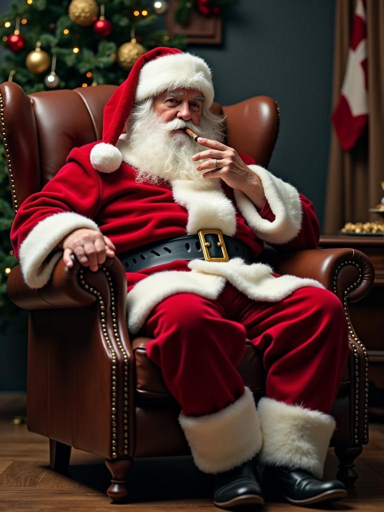 Santa Claus dressed in a red suit relaxing in a leather chair smoking a cigar. A beautifully decorated Christmas tree is located in the background revealing holiday cheer and a cozy atmosphere.