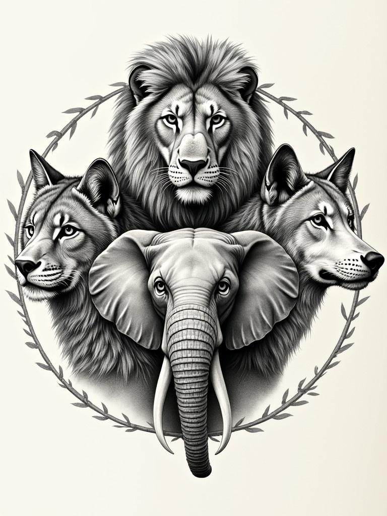 Detailed drawing of animal heads. Features a lion, elephant, and wolf in a circular arrangement. Suitable for various designs.