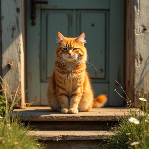 Fluffy ginger cat sits on rustic wooden porch. Cat grinning slyly at camera. Half-closed eyes suggest mischief. Warm sunlight highlights its fur. Behind, weathered wooden door is slightly ajar. Three steps lead down to wild garden. Tall grass and daisies in foreground. Sunlit dust floats in air. Cozy yet playful atmosphere.