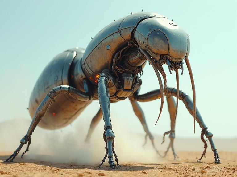 Image of a sleek silver metallic insect-like creature with six tentacles in a desert landscape under a blue sky. Details include a shiny exoskeleton, glowing LED lights, and heat exhaust holes, presenting a realistic and cinematic effect.