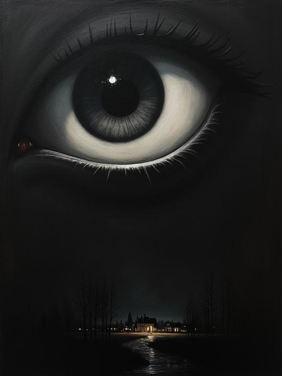 Rough oil painting on black background. Giant silhouette eye from top right corner. Eye filled with cosmic void. Silhouette of a rural town at the bottom. Title 'That Familiar Static' in distorted supports.