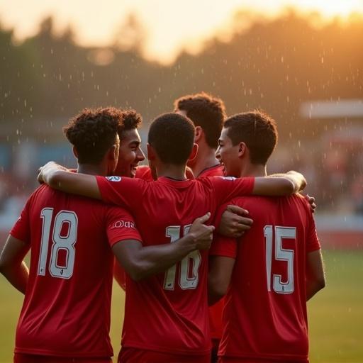 Mid-shot of young mixed-race soccer players celebrating after a goal on a wet pitch. They wear red shirts and have arms around one another. A high-energy moment highlighting camaraderie and excitement. Captured in cinematic lighting during golden hour.