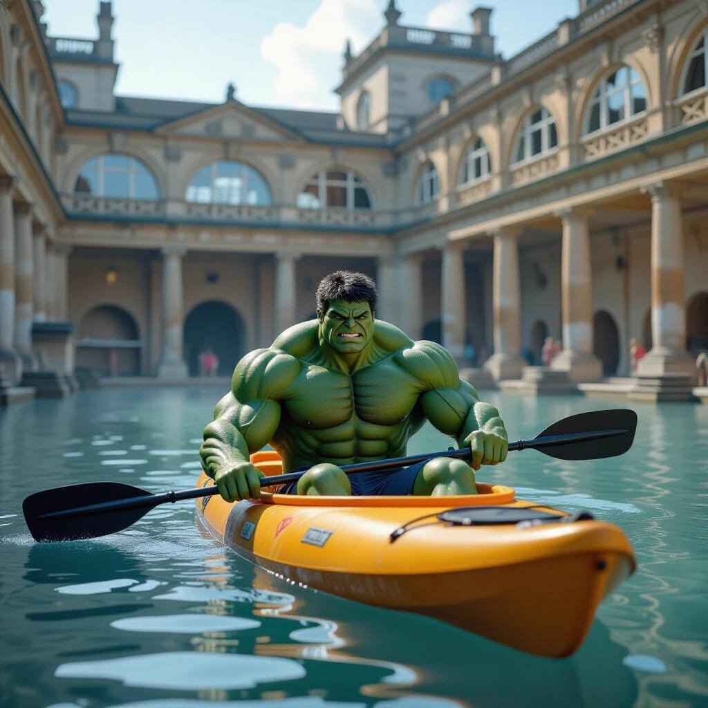 Hulk character kayaking in the Roman Baths. Full body view in a photo realistic style. Scene captures the historical architecture.