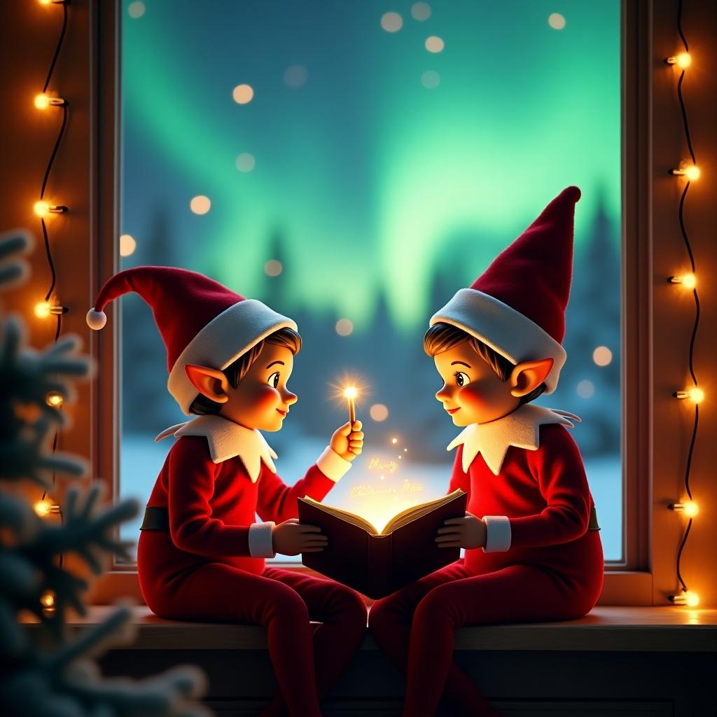 Scene features two elves in red outfits sitting by a window. They are engaged with a glowing book. Vibrant northern lights fill the background. Holiday lights frame the window. The mood conveys warmth for Christmas. One elf casts the words 'Merry Christmas Maria' with a wand. Santa Claus appears in the background. Soft lights enhance the enchanting setting.