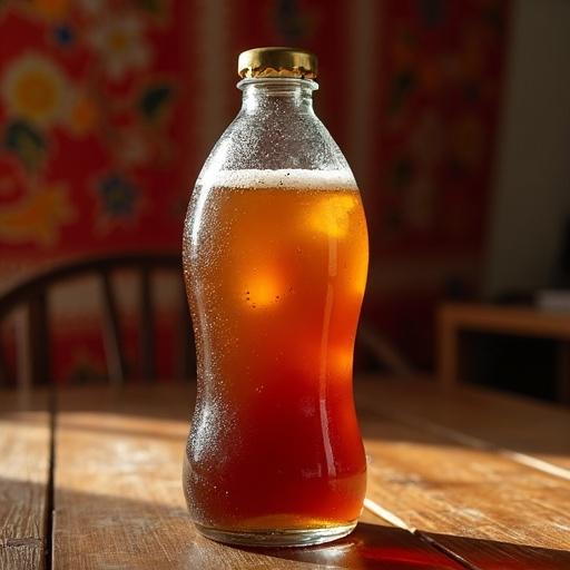 Cold bottle of Teh Botol Sosro on a wooden table. Glass has condensation. Background features traditional Indonesian batik fabric. Warm lighting enhances details. Realistic product photography in high resolution.