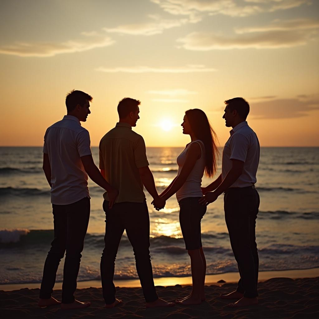 Team of four bonding at sunset on the beach. Holding hands in a romantic setting near the water.