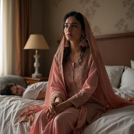 Sad Pakistani woman wearing shalwar qameez and dopatta sitting on a bed in a luxurious bedroom. Husband sleeping behind her.