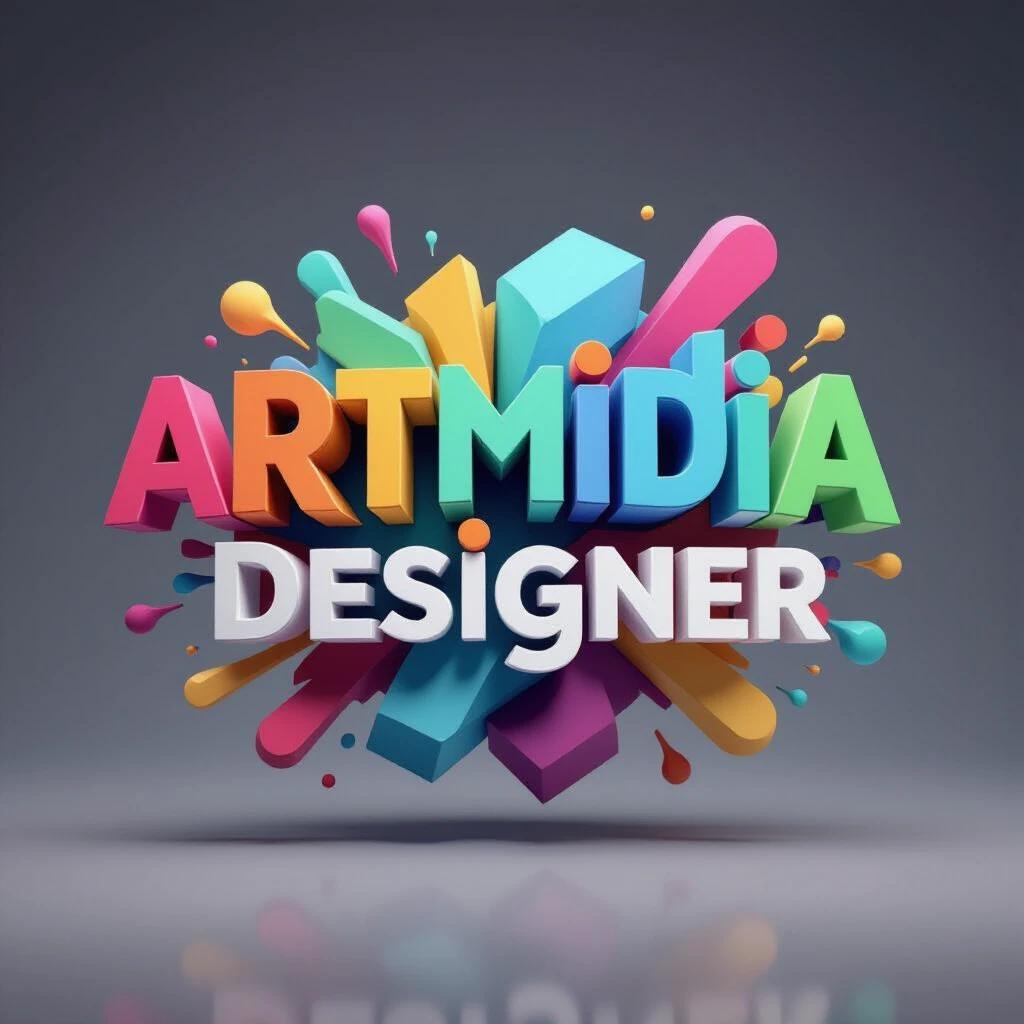 Modern 3D logo featuring the words 'Artmidia Designer' with vibrant colors and a dynamic visual effect.