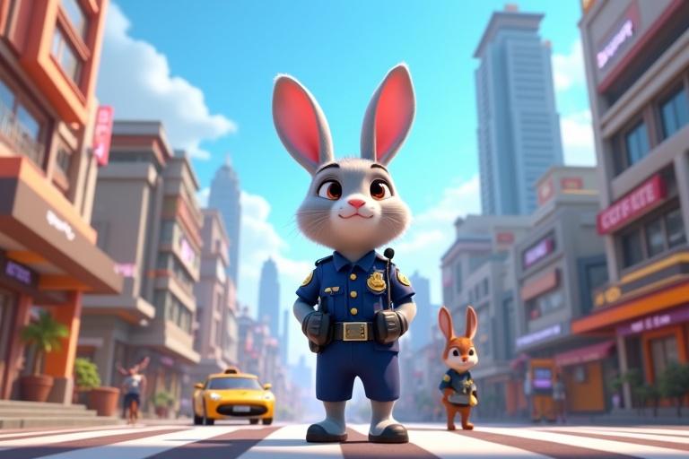 A bustling anthropomorphic city at Himalayan foothills. Bright daylight. Skyscrapers with neon accents. Animals walk on two legs in human-like outfits. Jhilik is a female rabbit with light gray fur in a navy blue police uniform. Busy intersection with a tiger driving a taxi and a deer at a coffee stand under a blue sky.