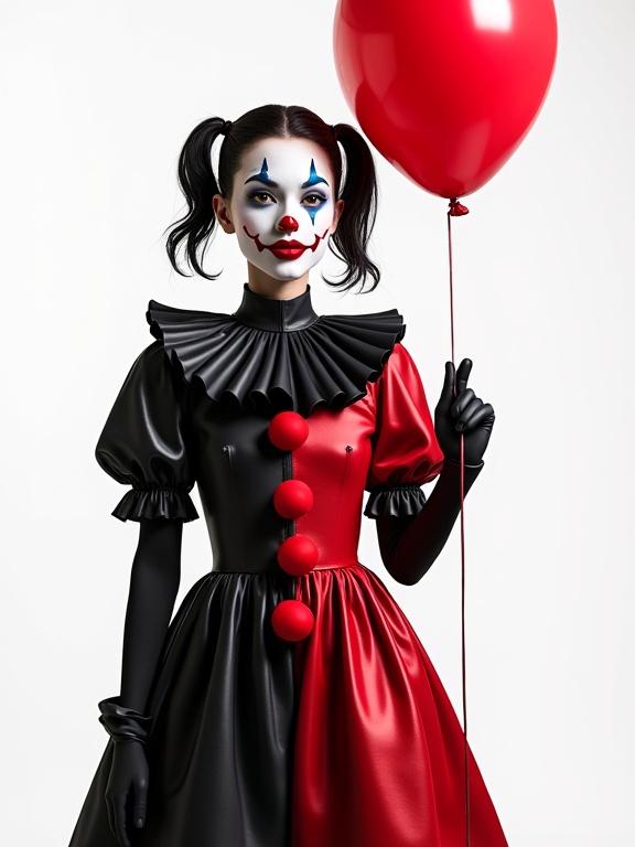 Young slim female dressed as a clown in a shiny black and red suit. Clown face paint in white, black, and red. Holding a red balloon. Short dark pigtails. White background. Detailed textures and shadows.