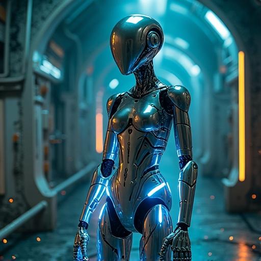 A vibrant sci-fi scene unfolds with a chrome-plated robotic figure in a laboratory. The robot navigates cautiously with sparks from its joints and glowing blue lights. The atmosphere is tense as it scans for hidden threats in a 360-degree view.