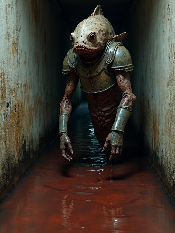 Encounter with a rotting fish-like monster in a narrow basement corridor. Monster is clad in armor. Water puddle is reddish-black and deep. Space feels cramped and confined.