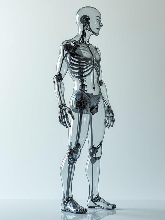 Transparent humanoid figure in a side view. The figure is made of hollow clear plastic with visible internal structures resembling a skeleton. The context emphasizes technology and anatomy in a modern design.
