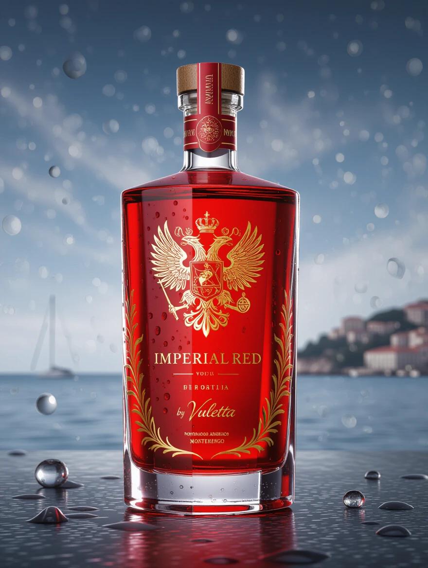 A hyper-realistic studio-quality product shot of an ultra-premium vodka bottle named Imperial Red. Bottle has handwritten signature by Vuletta. It is red with luxurious golden embossed details. Features a double-headed eagle and fine gold typography. Includes Organic Vodka and Northwood Adriatico Montenegro on the label. The bottle is deep crimson glass with a semi-matte finish. A minimalist golden crown emblem adorns the bottle alongside elegant gold typography. The bottle is covered in fine condensation. The setting is urban and contemporary with Adriatic sea colors in the background. Studio lighting highlights the golden details and the clear spirit inside. Captures sophisticated and authentic luxury in ultra-realistic macro photo.
