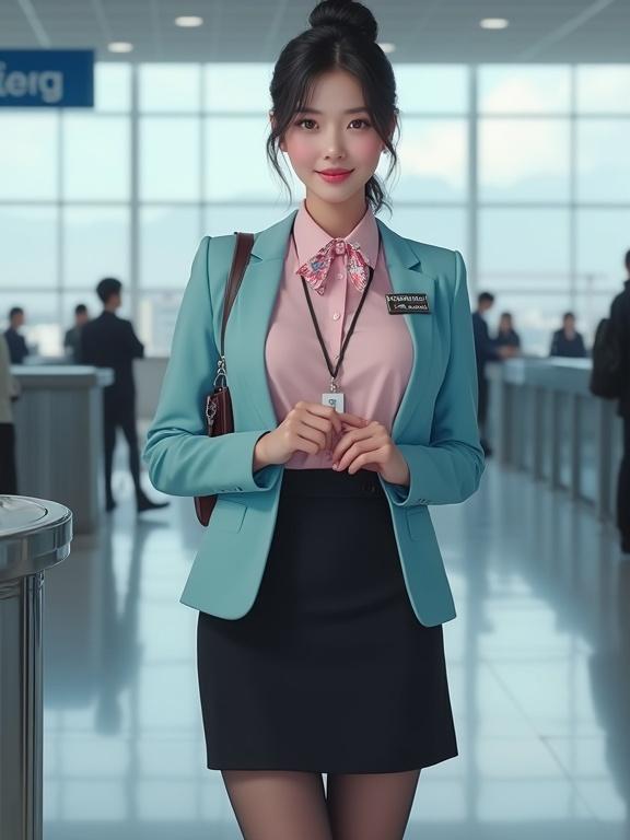Full body image of mid-20s East Asian female airport ground staff in kawaii style. She has porcelain-white legs in sheer black pantyhose and black low pumps. Dressed in a tucked pastel-pink shirt and black knee-length skirt with an azure-blue blazer. A white silk scarf is tied at her collar. She has a lanyard with her ID badge. Hair is in a neat bun. She stands at a check-in kiosk looking ready to help passengers.