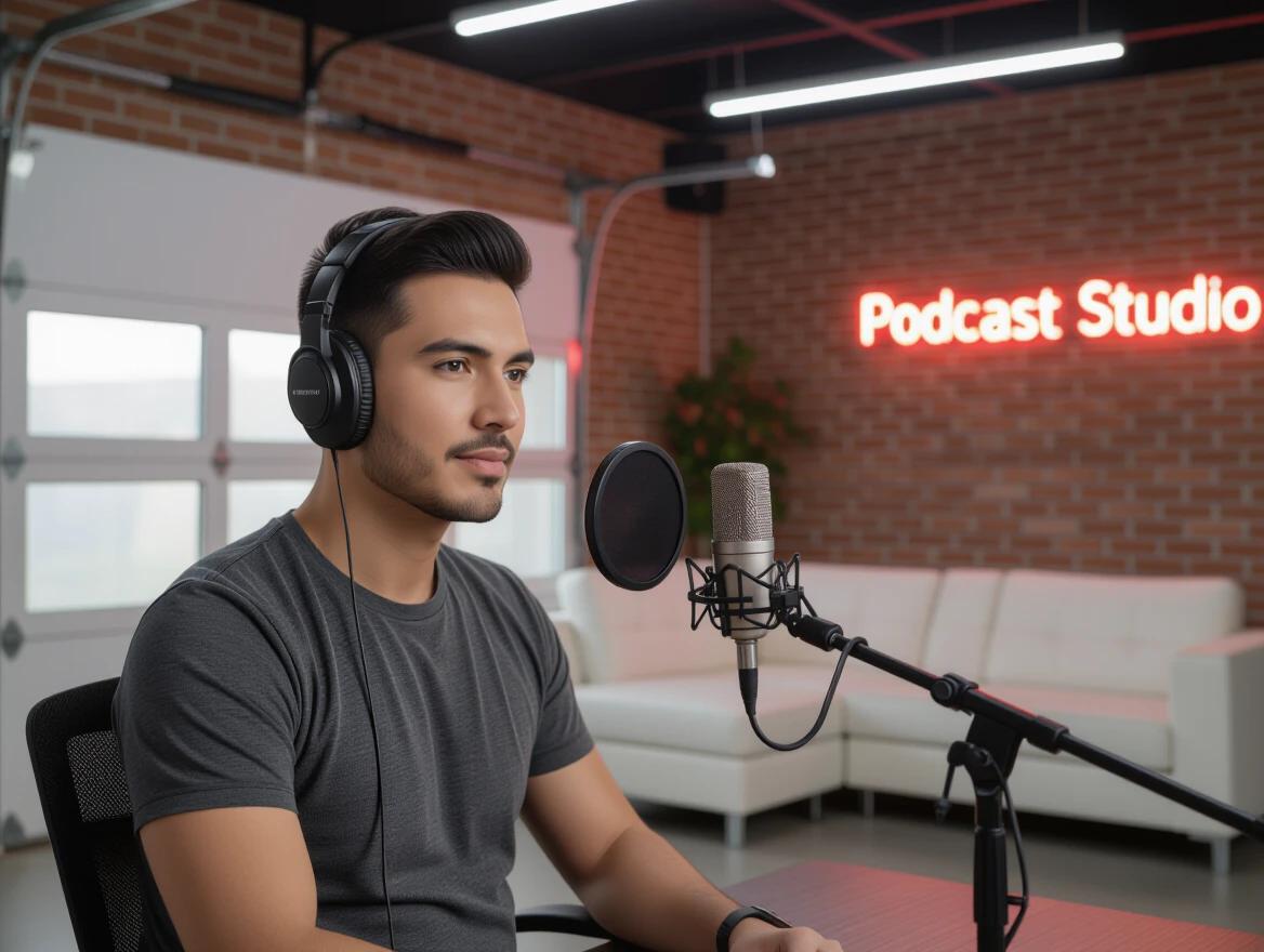 Interior of a podcast studio. A man attentively sits at a microphone. He wears headphones. The studio has exposed brick walls. The background features a sectional garage door and a glowing neon sign. Dramatic low-key lighting highlights the subject's features.