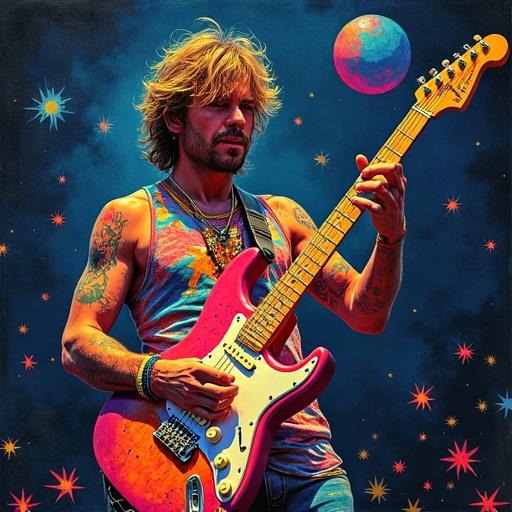 Psychedelic guitar player holding a vibrant electric guitar in a cosmic background. The scene is filled with stars and planets. Emphasis on colors and dynamic expression while playing music.