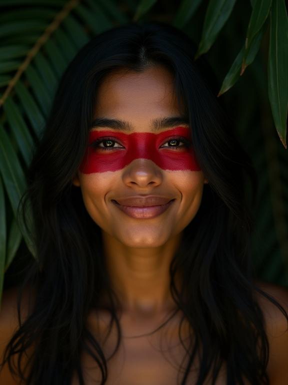Close-up portrait of a young female with warm skin tone and long black hair. She wears large red face paint across her eyes as a stripe. Dramatic side lighting enhances her features. Confident smile with palm leaves in the background. Intense cinematic atmosphere.