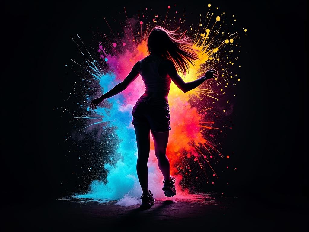 Vibrant street-art-inspired silhouette of a dancer. Splashes of colorful paint explode around the body. Dark black background. Glowing neon outline accents in cyan and red. Composition evokes rhythm and artistic expression.