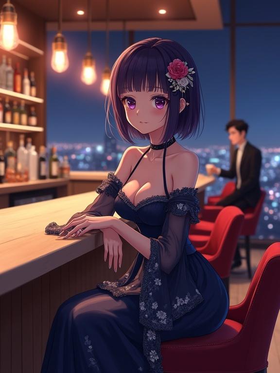 Anime woman with shoulder-length dark violet hair in a luxurious bar. She wears a dark blue off-the-shoulder gown. The bar is upscale with a nighttime city view. A man in a suit is in the background. Soft light creates a warm atmosphere.