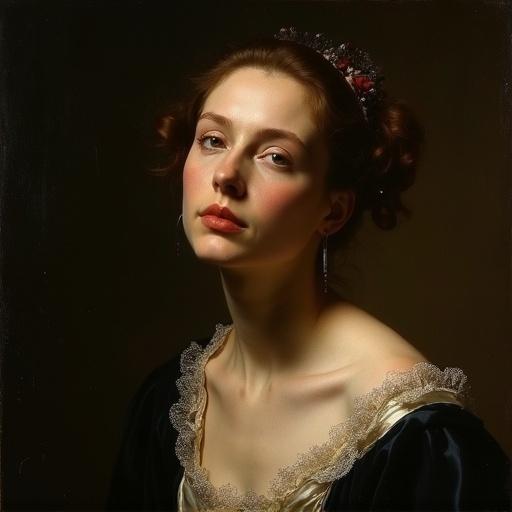 Portrait of a woman in Baroque style featuring chiaroscuro light reminiscent of Caravaggio. Oil painting on canvas outlined with delicate details.