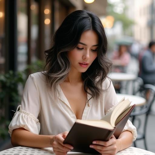 A woman sitting outdoors at a cafe table reading a book. She has dark hair with a strand of white. View from above shows her wearing a summer blouse. The scene captures a relaxed, literary moment.