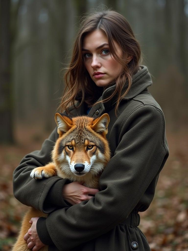 A person holds a wolf in the forest. The wolf looks calm and composed. The forest has fallen leaves and a soft light filters through the trees. The person is dressed warmly, showing a connection with the wolf. The scene evokes a sense of serenity and coexistence in nature.