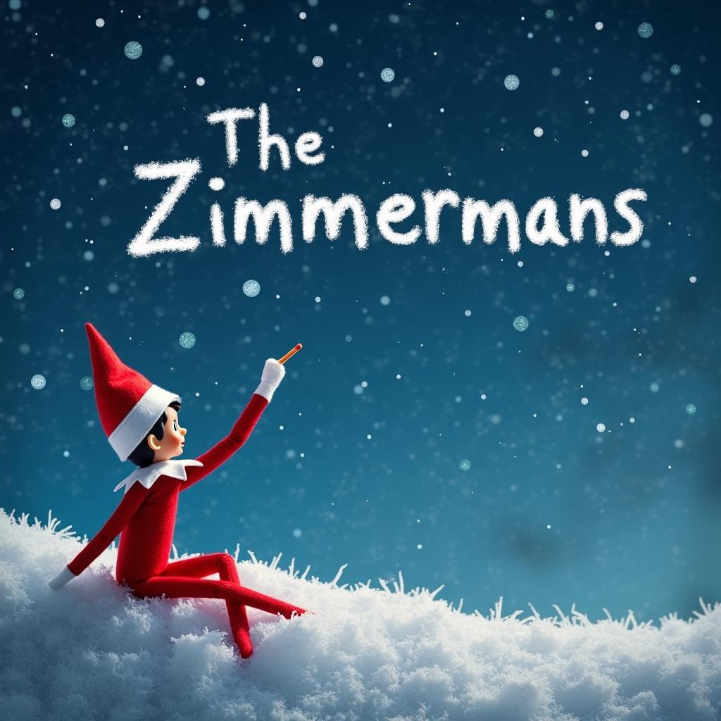 Elf on the Shelf writing the name ‘The Zimmermans’ in the night sky, snowy background with a festive atmosphere.