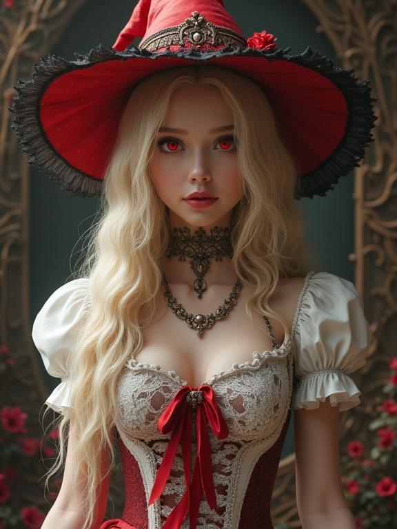 Blonde witch with red eyes. Dressed in a detailed white and red dress. Set in a mystical scene with vibrant colors. Rendered in 3D digital art with ultra-realistic textures.