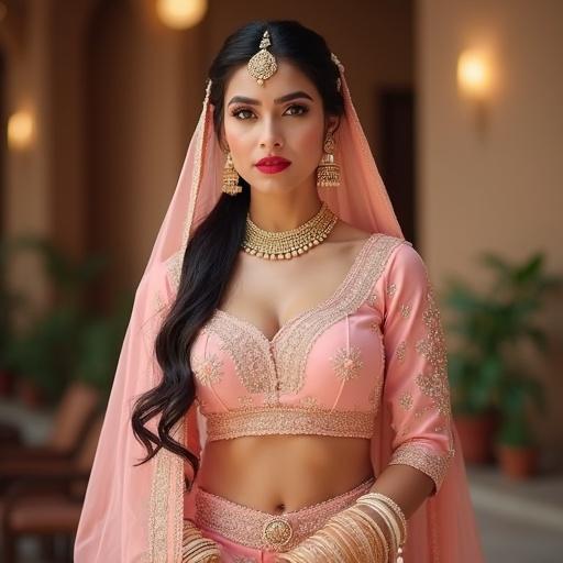 A vibrant photograph of a young bride at a wedding showcasing traditional Indian fashion. The bride is wearing a light pink saree with gold embroidery and a matching blouse. Her face is framed by long hair in a ponytail. The background is blurred, emphasizing her serene expression. The image captures a moment of graceful elegance.