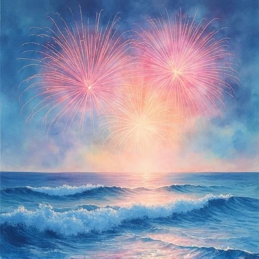 watercolor painting in pastel colors depicts fireworks over the sea with waves