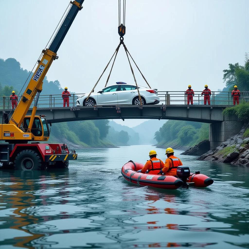 Rescue scene with a car on a crane over water. Rescue workers in orange vests coordinate efforts. One rescuer in red boat is preparing for action. Overcast skies create a tense atmosphere. Trees and hills are in the background.